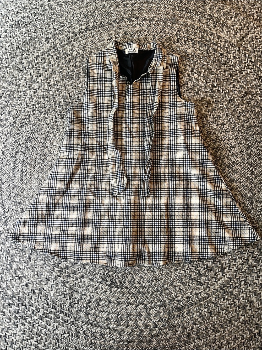 Sleeveless Plaid Tie-Neck Mini Dress in Black and Cream